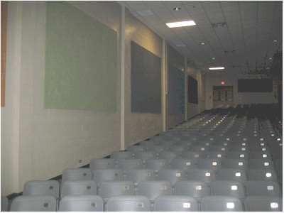 The auditorium wall, where windows and rich drapery once were.
